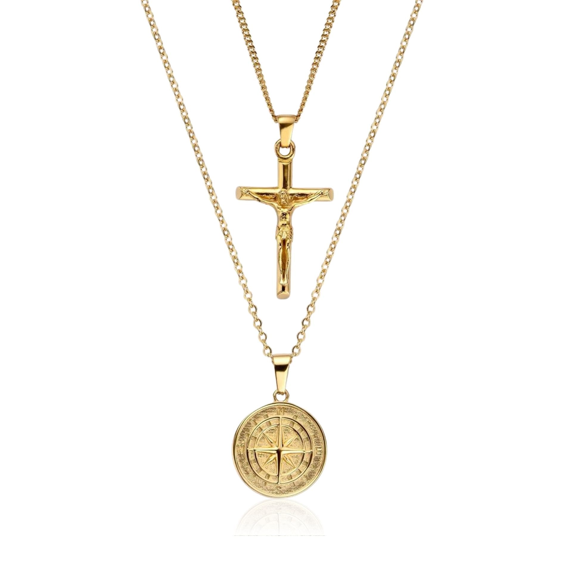Kompass Kette  x Kreuz Kette Set